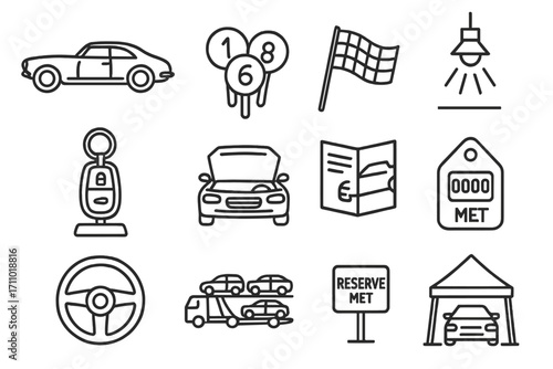 Car Auction Icons. Line style icons of car auctions: classic car side view, bidding numbers, race flag icon, showroom spotlight;