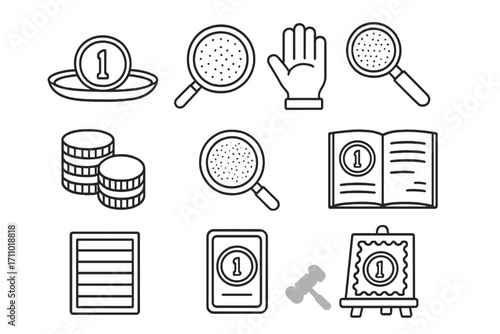 Coin Auction Icons. Line style icons of coin auctions: silver coin tray, magnified detail, bidder’s glove, lot number slip;
