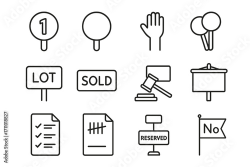 Auction Icons Set. Line style icons of auction paddles and signs: numbered paddle, blank circle sign, raised arm, stacked paddles;