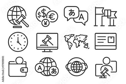 International Auction Icons. Line style icons of international auctions: globe with gavel, currency symbols, online translator