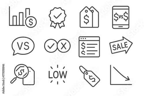 Price Comparison Icons. Line style icons of price comparison: bar graph with prices, two tags side by side, better deal icon,