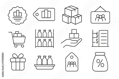 Bulk Purchase Icons. Line style icons of bulk purchase discounts: “buy more save more” badge, multi-pack tag, stacked boxes,