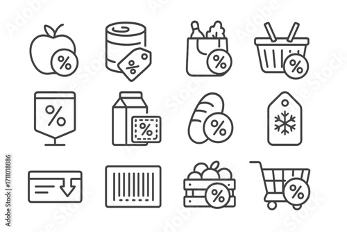 Food Discount Icons. Line style icons of food and grocery discounts: apple with percent, canned goods tag, grocery bag with deal,