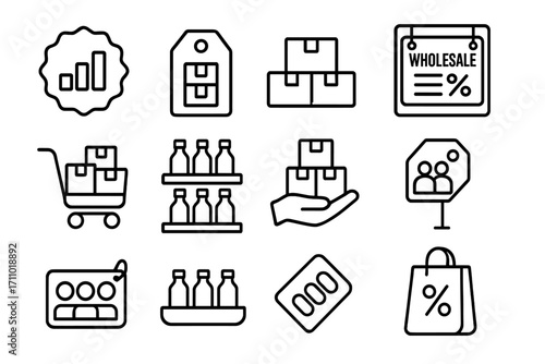 Bulk Purchase Icons. Line style icons of bulk purchase discounts: “buy more save more” badge, multi-pack tag, stacked boxes,