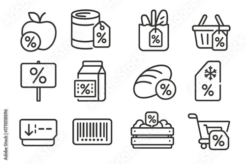 Food Discount Icons. Line style icons of food and grocery discounts: apple with percent, canned goods tag, grocery bag with deal,