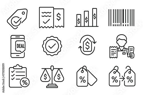 Price-Match Discount Icons. Line style icons of price-match discounts: tag with checkmark, receipt comparison, bar graph with