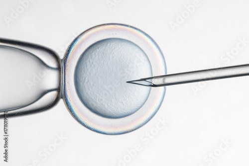 A bright, clinical micrograph of an ICSI needle penetrating a human egg cell.
