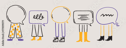 doodle hand drawn speech bubbles with legs. dialogue, advertising, message, meeting concept cartoon style. cute characters with speech bubbles. 