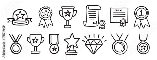 medal honor award related doodle hand drawn icon set. Outline drawing winner line clipart symbol collection