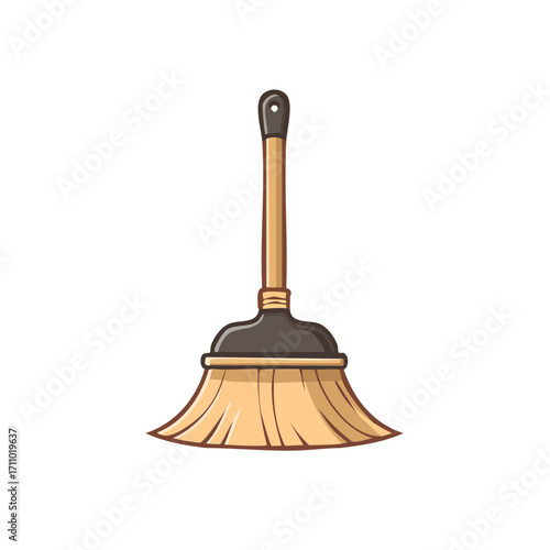 An illustration of a broom on a clean background. The broom's bristles are spread out, giving the impression that it is ready for use