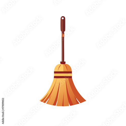 A close-up illustration of a broom isolated on a clean background. The broom has a brown handle and a yellow cleaning part.