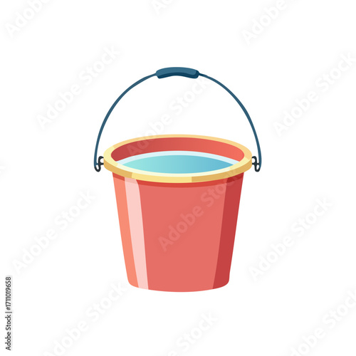 A red bucket filled with water, ideal for carrying and storing liquids. The bucket features a sturdy handle for easy transport