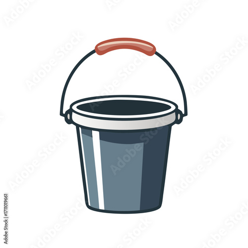 A detailed illustration of a gray bucket with a red handle, perfect for various tasks.