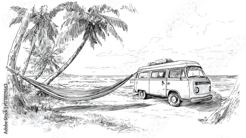Tropical Vanlife Sketch with Hammock and Sea View