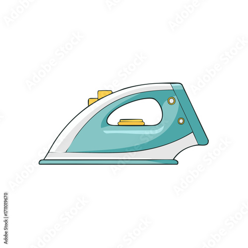 A modern electric iron illustration with a light blue and white color scheme, perfect for household tasks