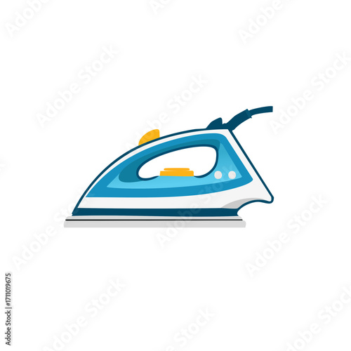 An illustration of a blue and white iron, essential for clothes and fabric care. The iron has a sleek design with a handle and various settings, ready for use. 