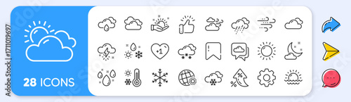 Weather and forecast line icons. Interest rate, AI generate, Inflation icons. Cloudy sky, winter snowflake, thermometer. Moon night, rain and sunset icons. Vector