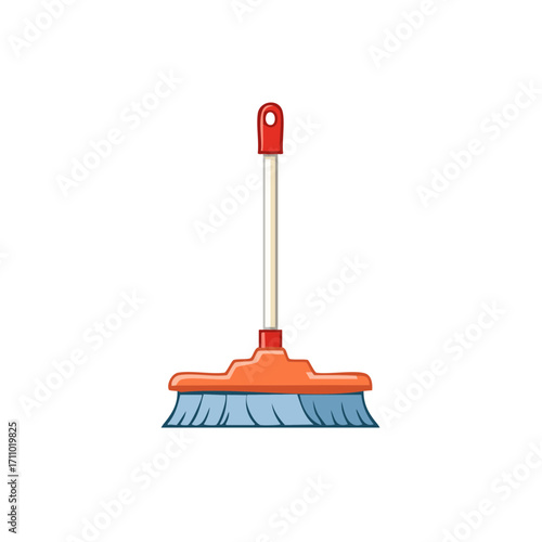 A single, brightly colored broom with a red handle and blue bristles. A simple illustration ideal for cleaning or housekeeping-themed designs