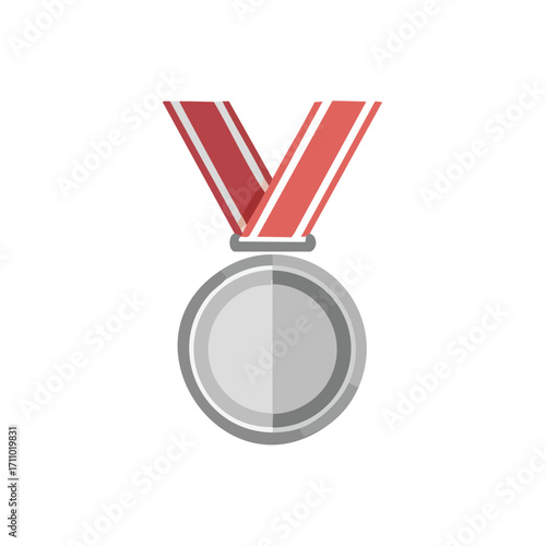 A simple illustration of a silver medal with a red ribbon