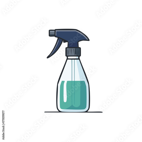 A blue and clear spray bottle with liquid inside. The spray bottle is depicted on a clean, minimal background.