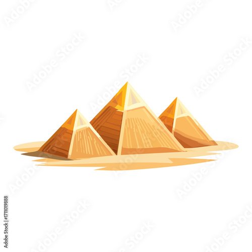 A group of three ancient pyramids in the desert sand, bathed in the sun's glow
