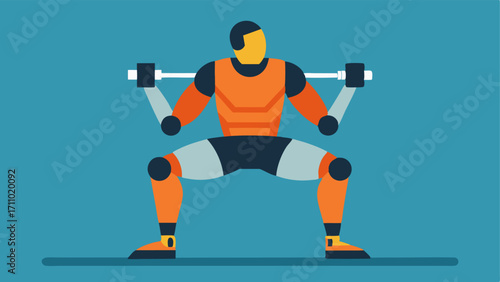 Exercising An athletic individual in a robotic exoskeleton performing squats with the device enhancing their range of motion and strength during the exercise.
