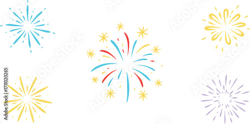 Colorful hand drawn firework illustrations perfect for celebrations on transparent background