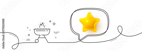 Grill line icon. Continuous line with 3d star. Barbecue cooker for cooking food sign. Meat brazier with fire symbol. 3d star in speech bubble. Grill single line ribbon. Loop curve pattern. Vector