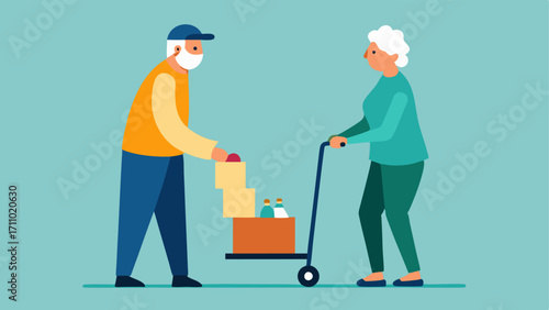 Food Distribution An elderly person with a cane assisting in distributing food packages using a portable cart to help transport items while a volunteer guides them.