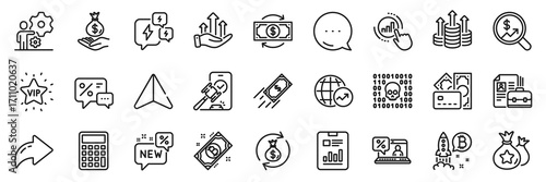 Job, Currency audit and Fast payment line icons pack. Share, Message, Paper plane icons. Money, Report document, Online loan web icon. Bitcoin, World statistics, New pictogram. Vector
