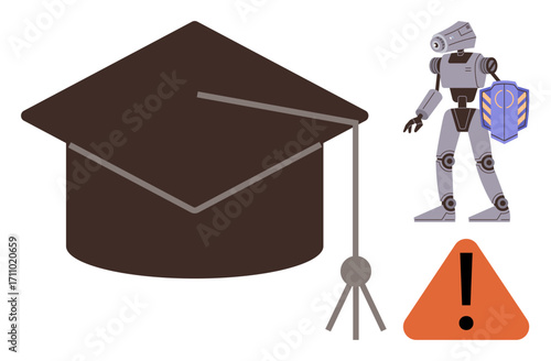 Graduation hat, humanoid robot holding a book, and warning sign with exclamation mark. Ideal for AI impact, future learning, education challenges, technology ethics, innovation risk, digital dilemma