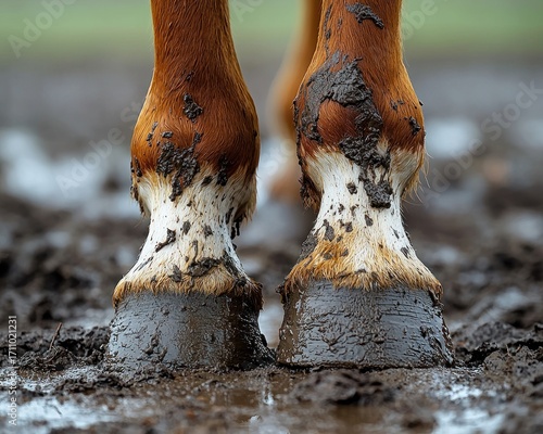 Close-up of muddy horse hooves