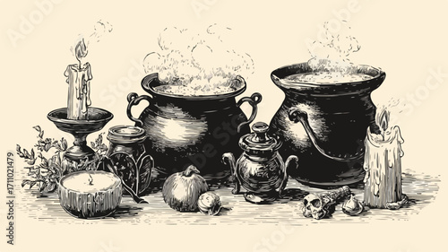 Vintage Engraved Cauldron and Bubble Collection for Mystical Designs