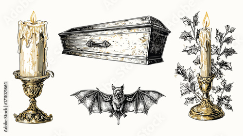 Vintage Engraved Coffin Candle Illustration Set