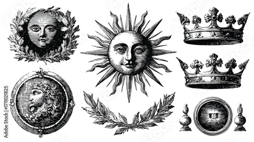 Vintage Engraved Sun Face Laurel Crown and Laure with Crown