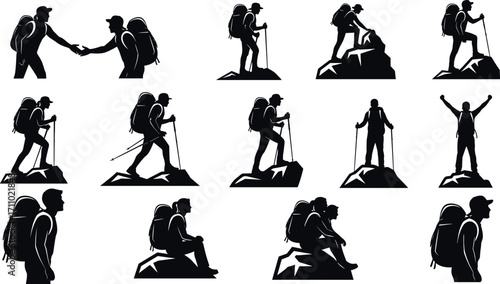 Silhouette hikers in mountain adventure poses with backpacks, trekking poles, climbing actions, sitting, standing, and celebrating outdoor exploration moments