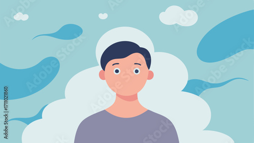 Anxiety Relief with Clouds A patient looking up with a smile as swirling virtual clouds in soft colors float above representing a decrease in anxiety through visualization.