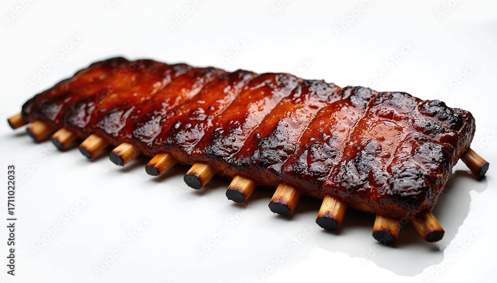 Fototapeta Large rack of juicy barbecued pork ribs covered in sweet, sticky glaze. Cooked savory meat dish isolated on pure white backdrop. Looks tempting, ready to served for delicious hearty American dinner