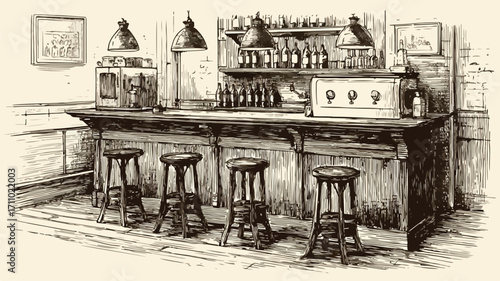 Classic Engraving of Bar Counter Scene with Stools
