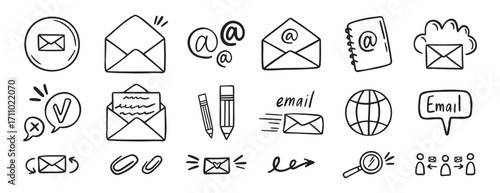 mail and email icon doodle hand drawn set. Outline drawing mail and email line clipart symbol collection