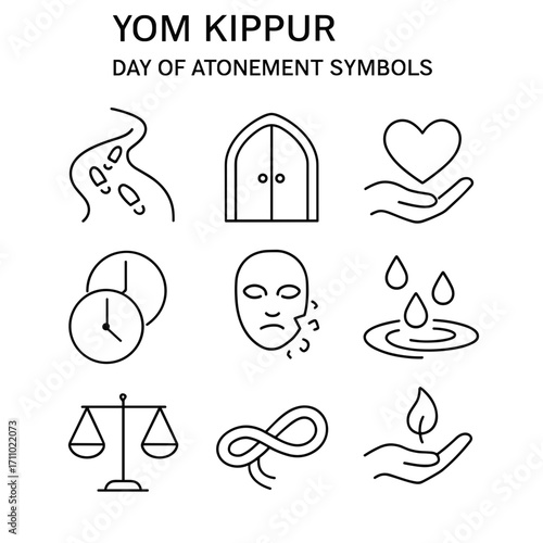 Yom Kippur Day of Atonement symbols in simple line art style  