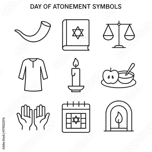 Day of Atonement symbols line icon set isolated on white background  