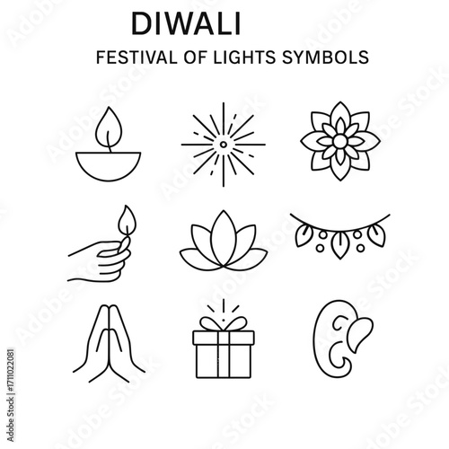 Diwali festival of lights symbols in simple line art design  