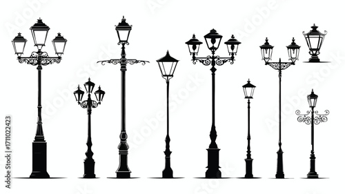 Vintage Streetlights Black Silhouettes Vector Set for Creative Projects