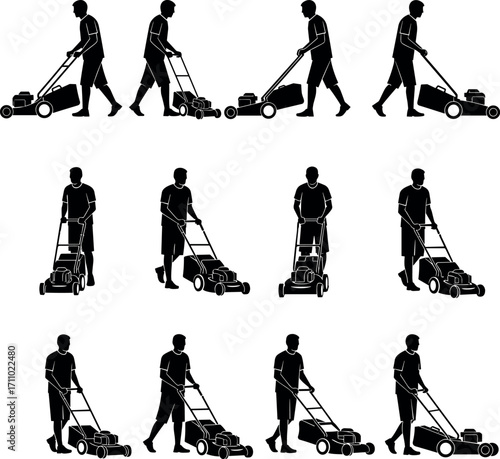 Silhouette of Man Mowing Lawn in Various Poses – Vector Set of Grass Cutting Activity for Landscaping and Gardening Concepts