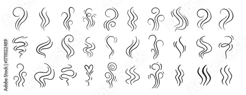Fire steam or Line smoke doodle hand drawn set. smell waves from food or coffee and beverages sketch style.