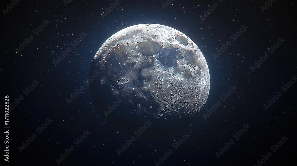 Obraz premium “Gibbous Moon in full detail, showing well-defined craters in Mare Imbrium and strong light-shadow contrast across the lunar surface.”
