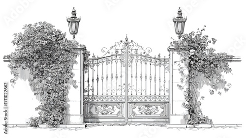 Elegant Vintage Wrought Iron Gate with Lanterns and Ivy