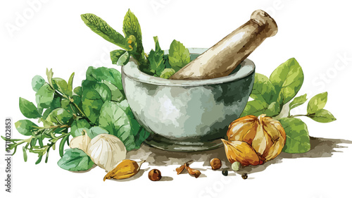 Detailed Watercolor Ayurvedic Herbal Ingredients Illustration for Design Projects
