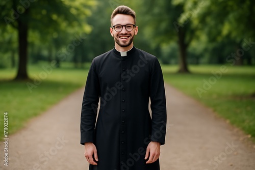 Inspiring Young Priest Smiling Confidently: Leadership, Faith, and Modern Ministry for Church Communications and Religious Organizations.